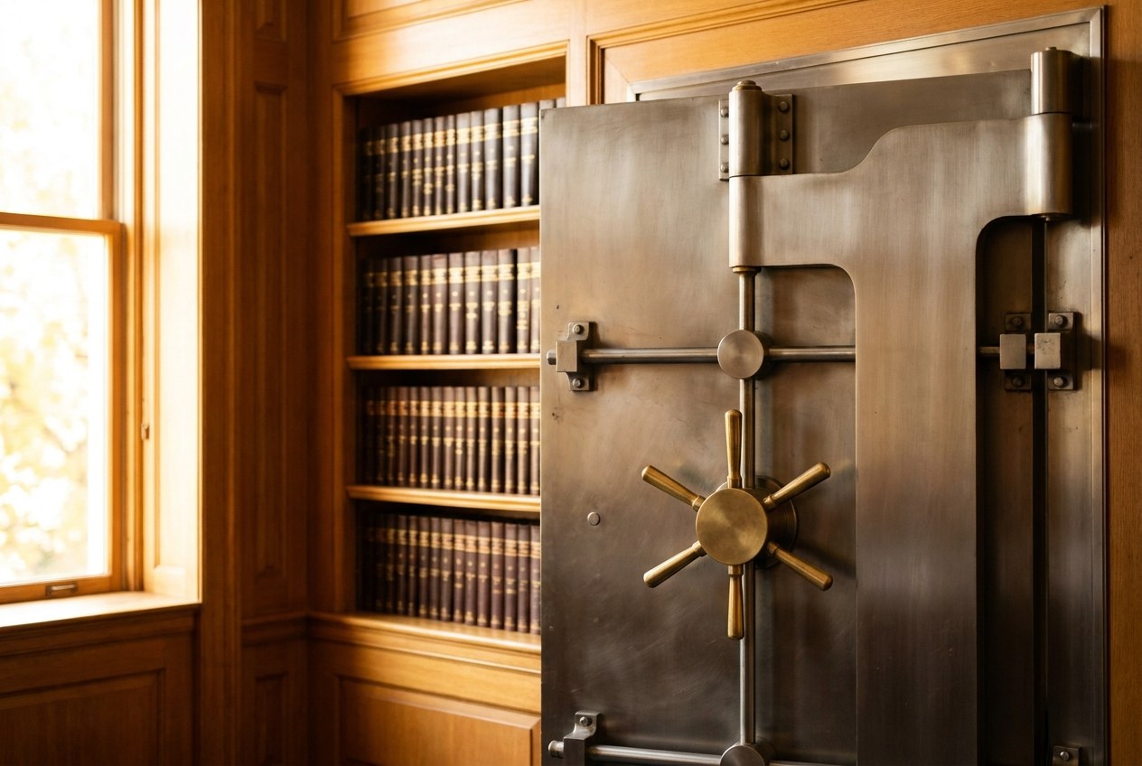 A heavy bank vault door in warm light