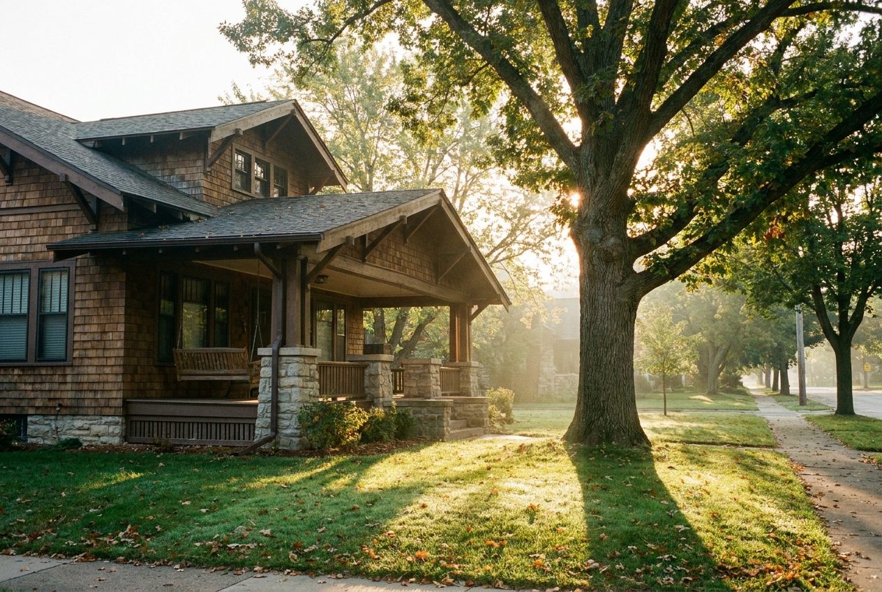 A classic Wisconsin family home with a front porch in warm morning light