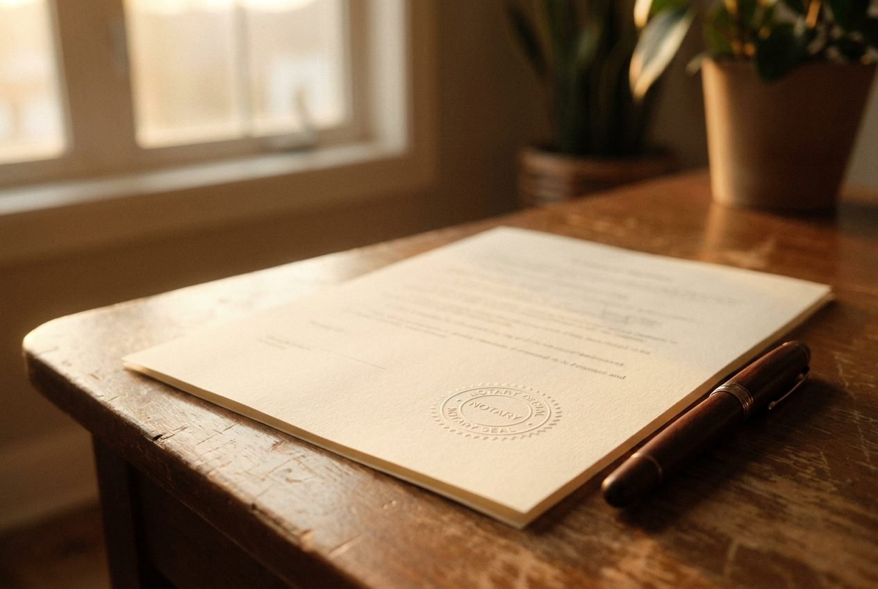 A document with an embossed notary seal and fountain pen