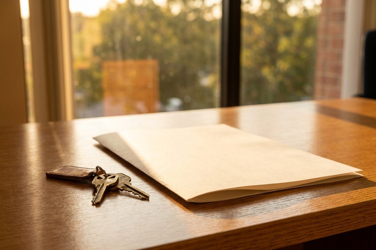 House keys and a folded document resting on a polished wooden desk in warm afternoon light
