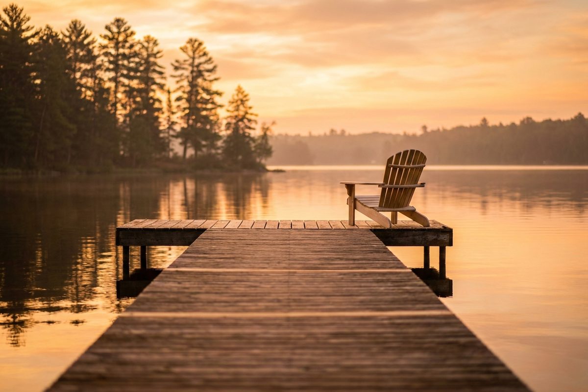 A wooden dock extending into a calm Minnesota lake at golden hour with pine trees along the shoreline