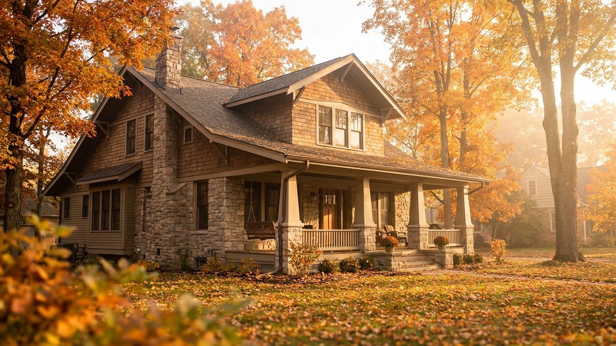A Minnesota craftsman-style home with a covered front porch in warm autumn light