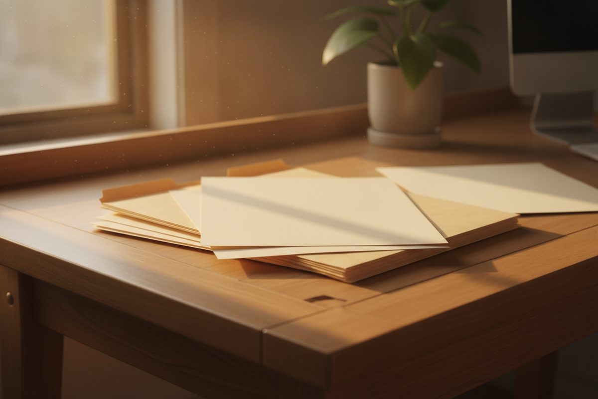Sunlight falling across a stack of blank financial account forms on a craftsman-style home desk