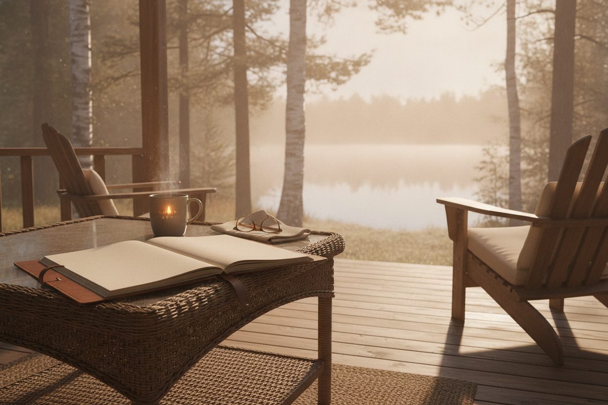 A warm Wisconsin lake home porch with morning light and an open folder of documents on a wicker table