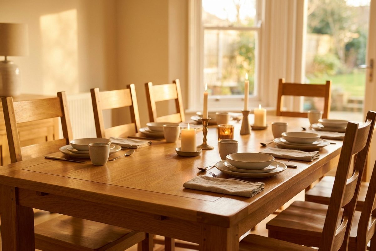 An oak dining table set for a large family dinner with warm candlelight in a Wisconsin home