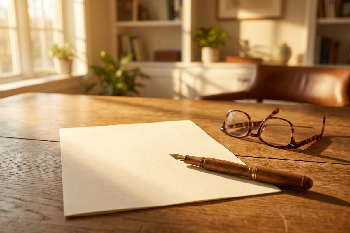A blank legal document and fountain pen beside reading glasses on an oak desk in warm afternoon light