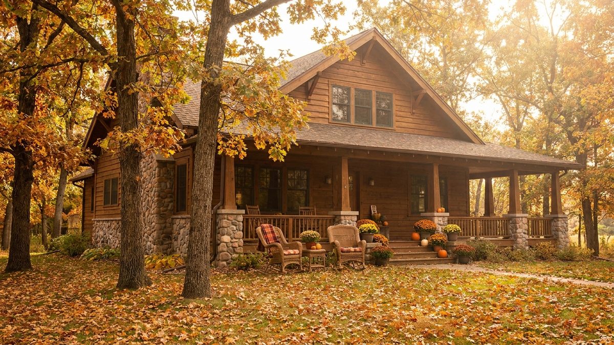 A classic Wisconsin family home with a front porch in warm morning light
