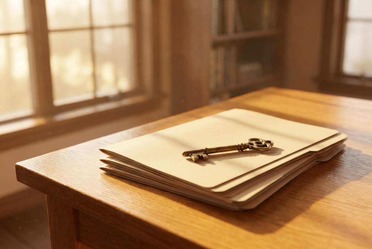 A brass skeleton key resting on a stack of blank folders on an oak desk in warm morning light