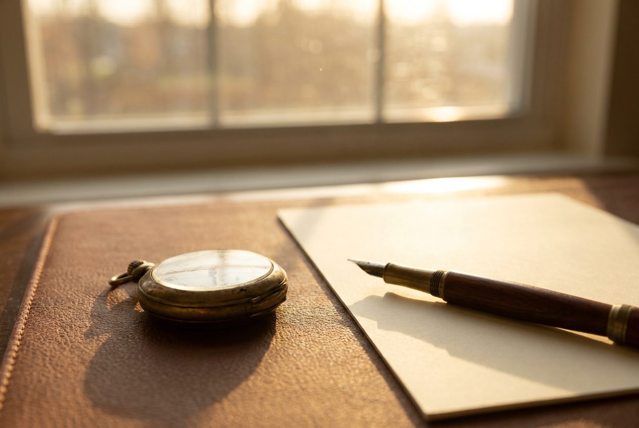 An antique pocket watch and fountain pen resting on a leather desk pad in warm golden light