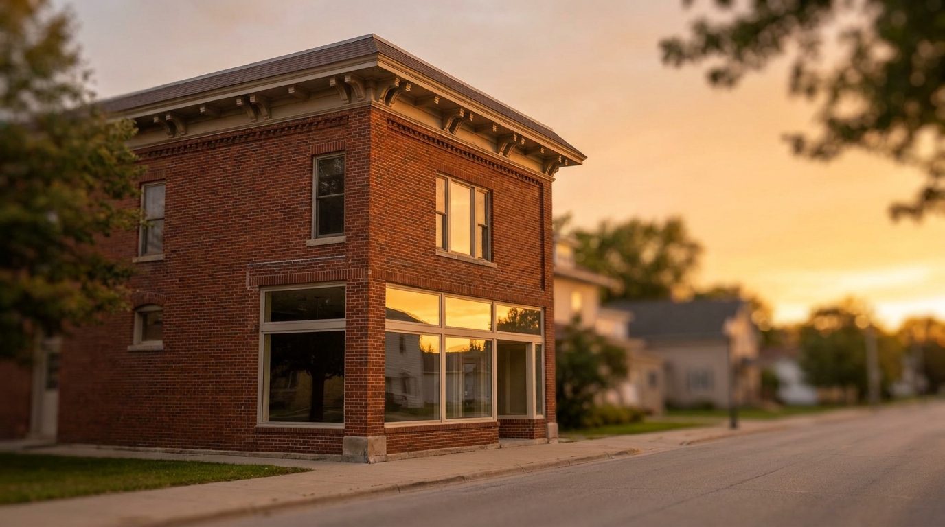 A small-town Wisconsin brick commercial storefront building exterior in warm golden-hour light