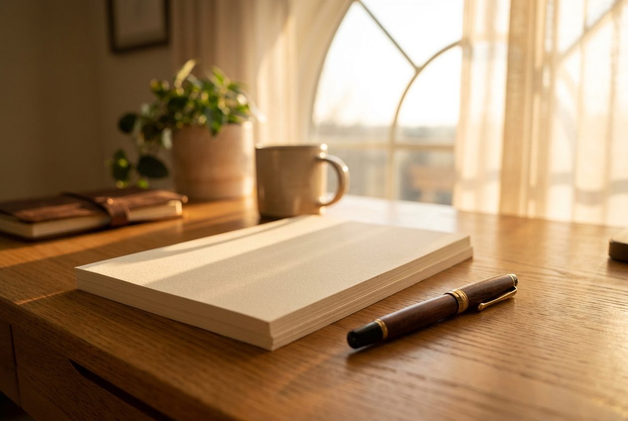 A stack of blank cream stationery and a fountain pen beside a window with warm afternoon light