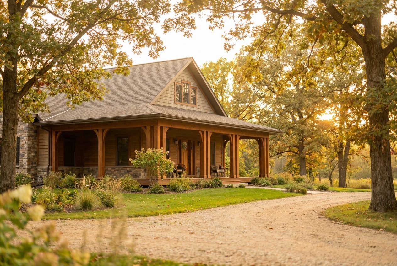 A craftsman-style Wisconsin home exterior in warm golden hour light