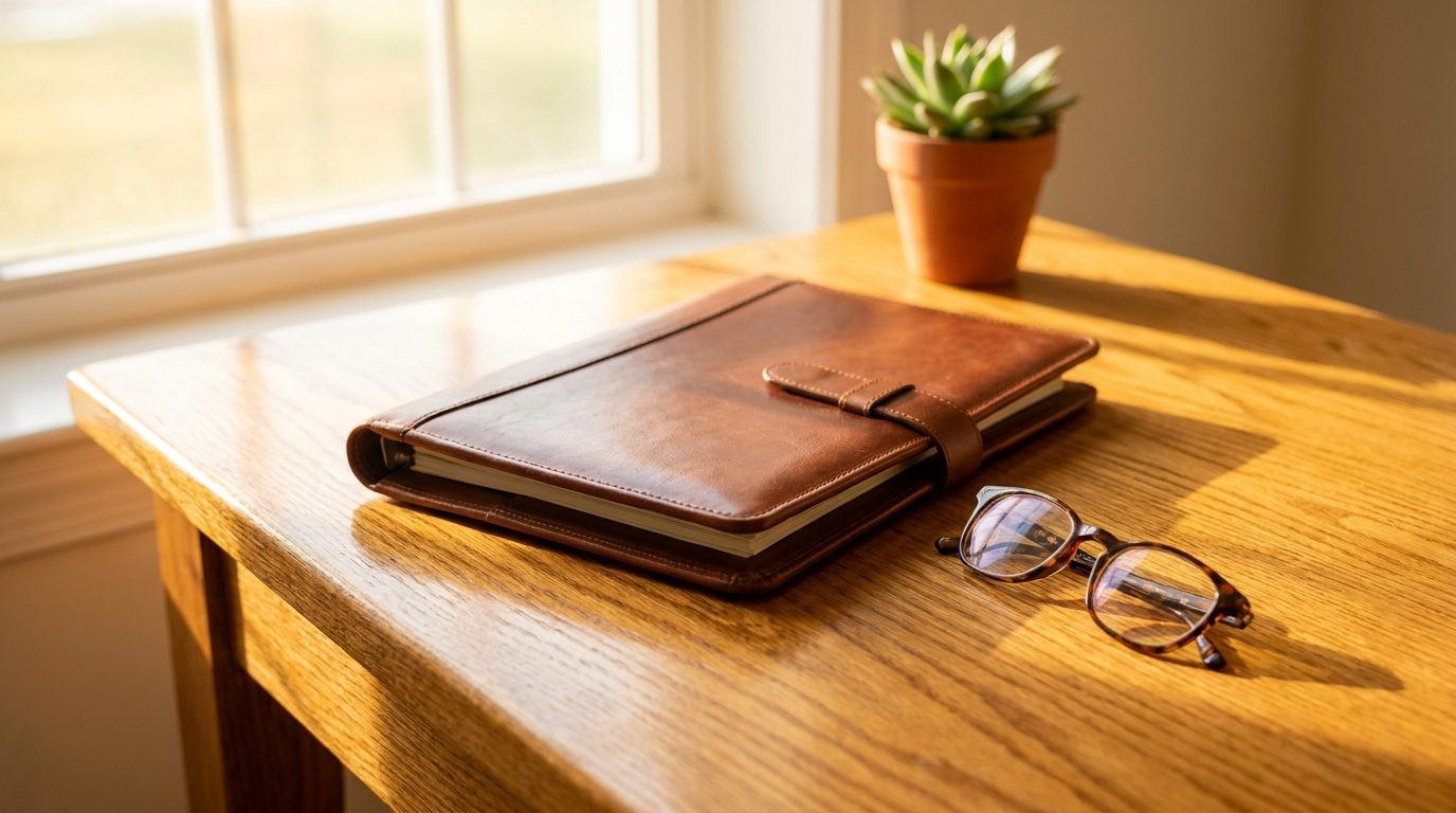 A closed leather portfolio and reading glasses on an oak desk in warm morning light