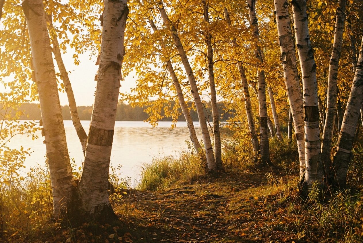 A birch grove near a Minnesota lake cabin in warm autumn light