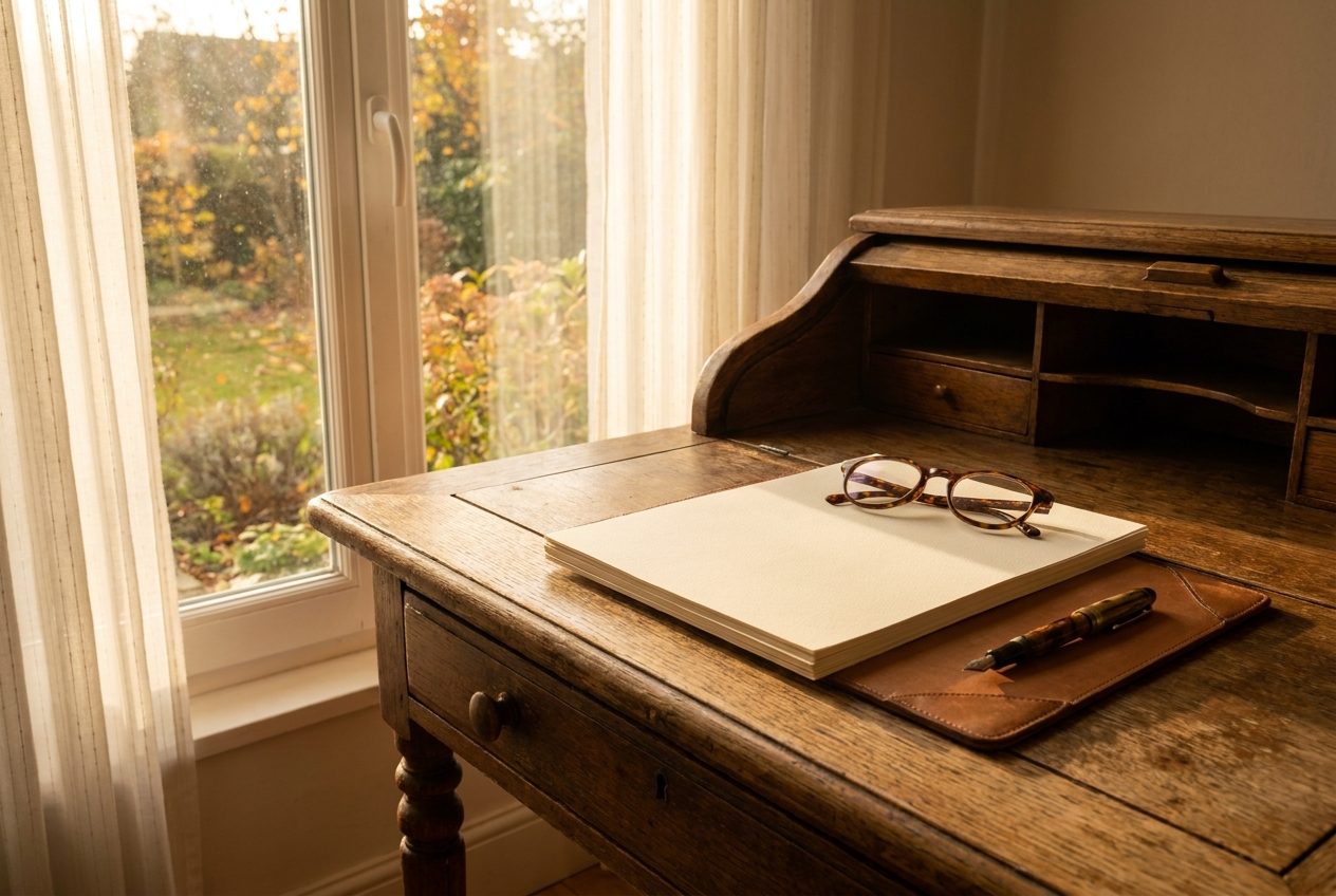 An oak writing desk with blank paper and reading glasses in warm afternoon light