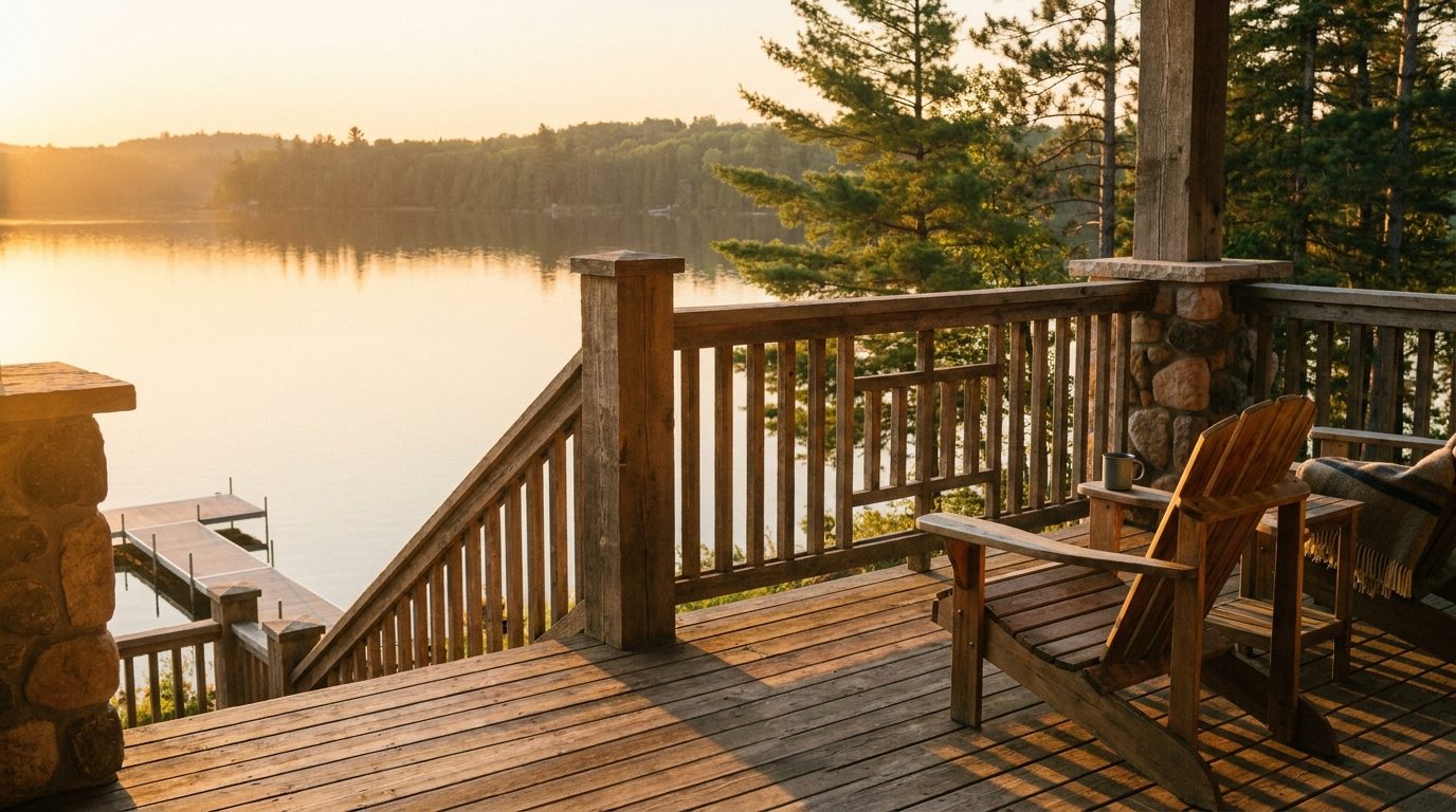 A Minnesota lake cabin porch overlooking the water at golden hour