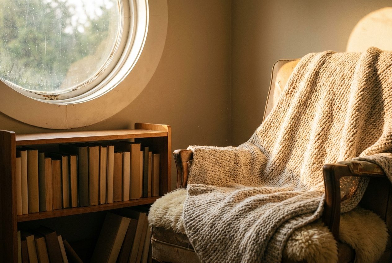A child's bedroom reading nook with a bookshelf of blank-spined books in warm morning light
