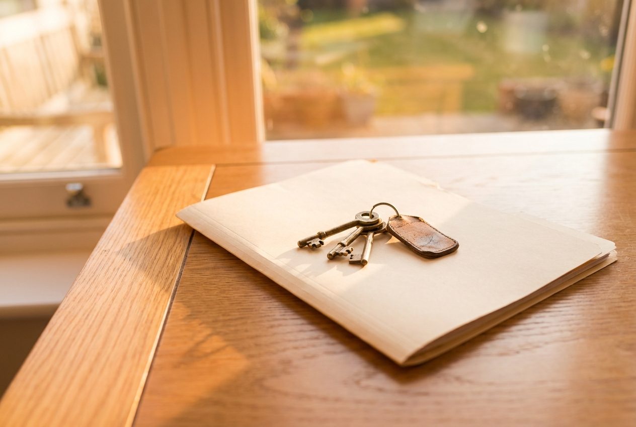 A set of house keys resting on a folder of blank documents on an oak desk in warm afternoon light
