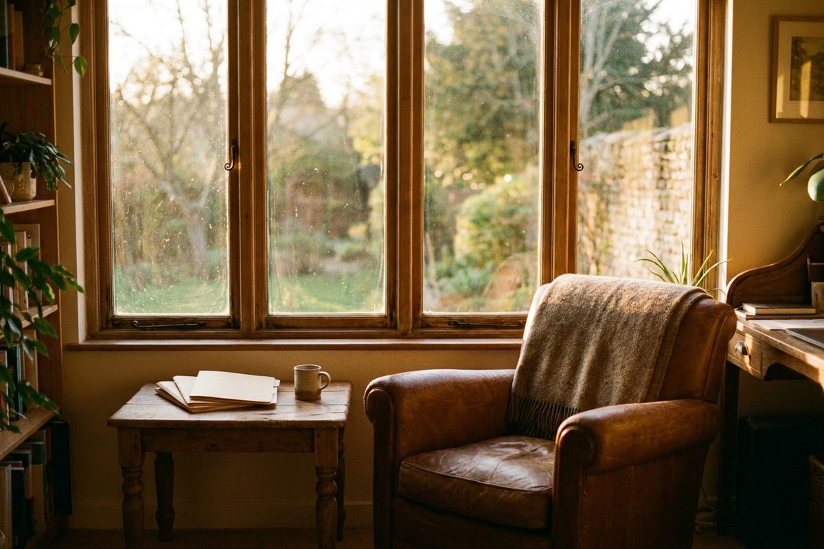 Morning light through a window onto an empty armchair and a stack of blank folders