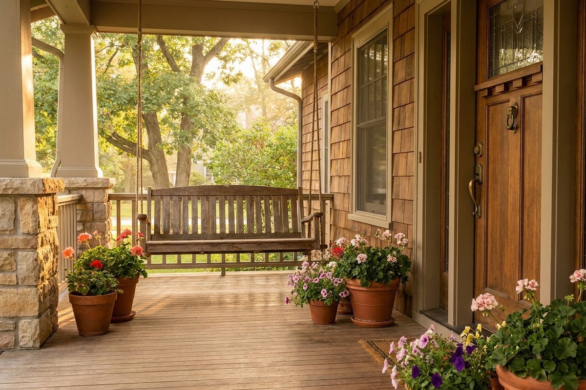 A warm craftsman-style Wisconsin home entryway with soft afternoon light