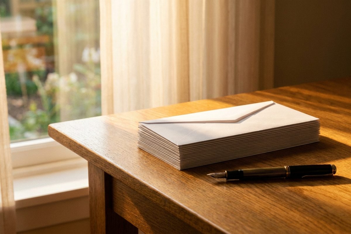 A stack of blank envelopes and a fountain pen on an oak desk in warm light