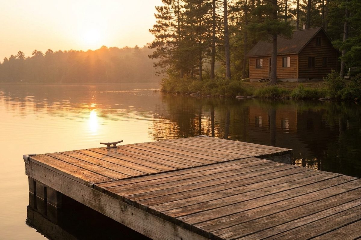 A quiet lake cabin dock in Wisconsin at golden hour