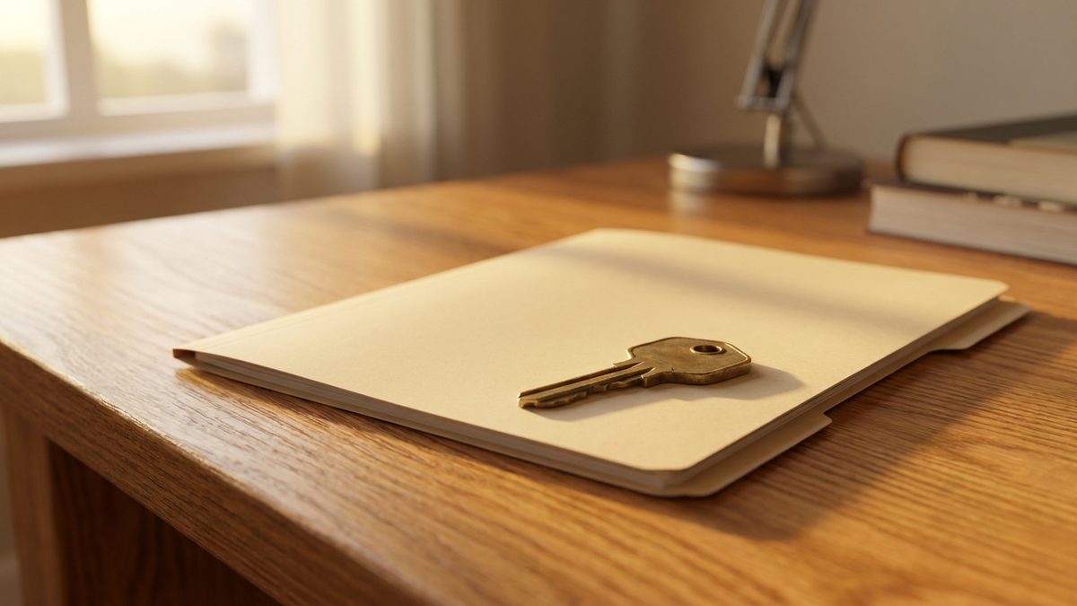 A brass house key resting on a folder on an oak desk in warm morning light