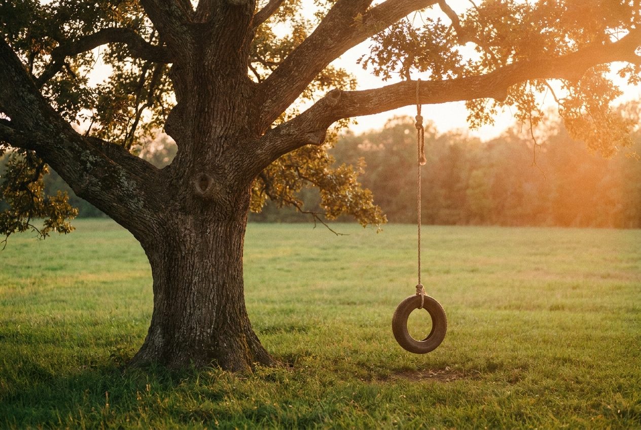 An old oak tree with a rope tire swing at golden hour