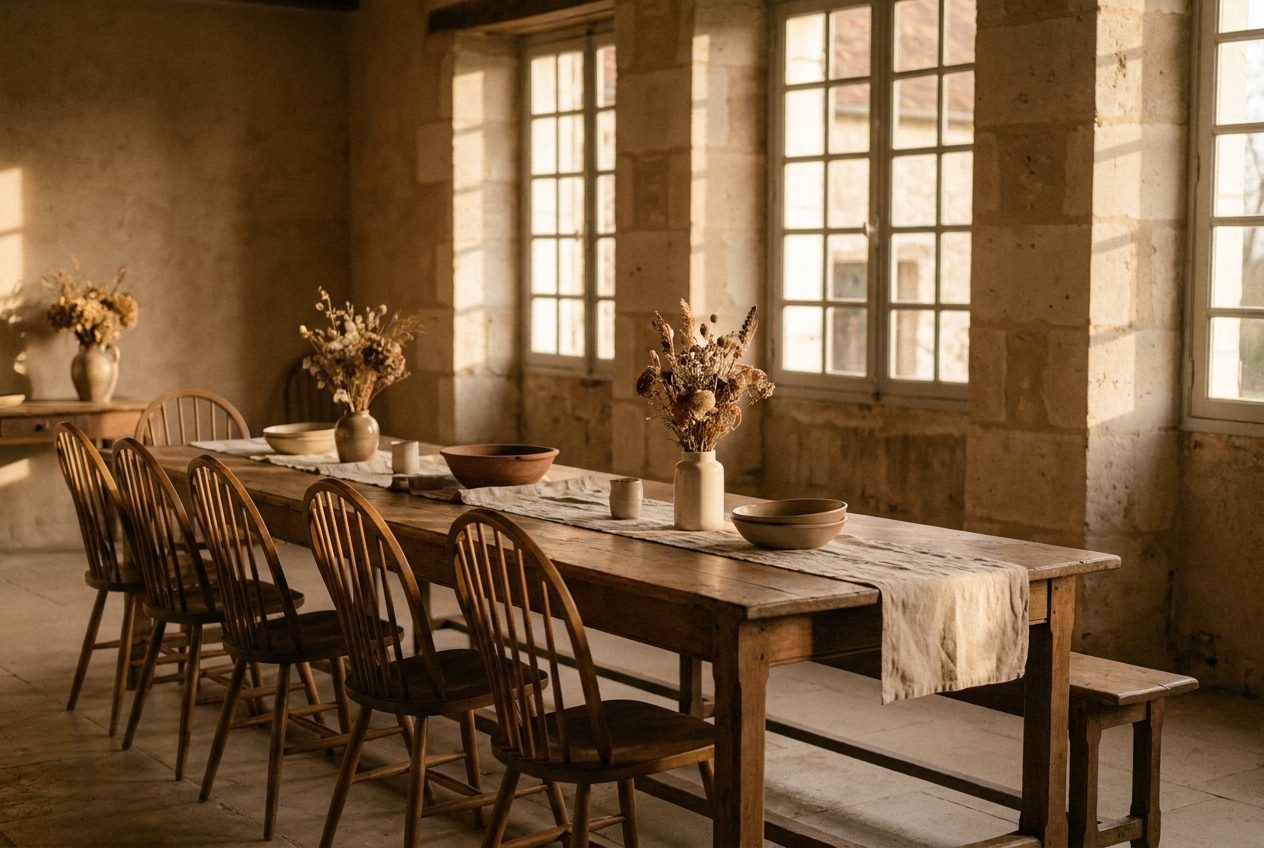 A farmhouse dining table with empty chairs in warm evening light