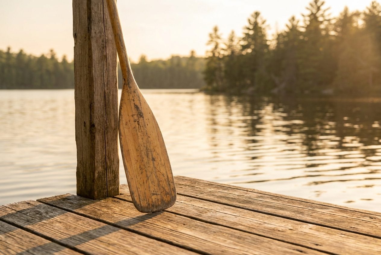 A wood dock extending into a calm Wisconsin lake at golden hour with pine trees along the shoreline