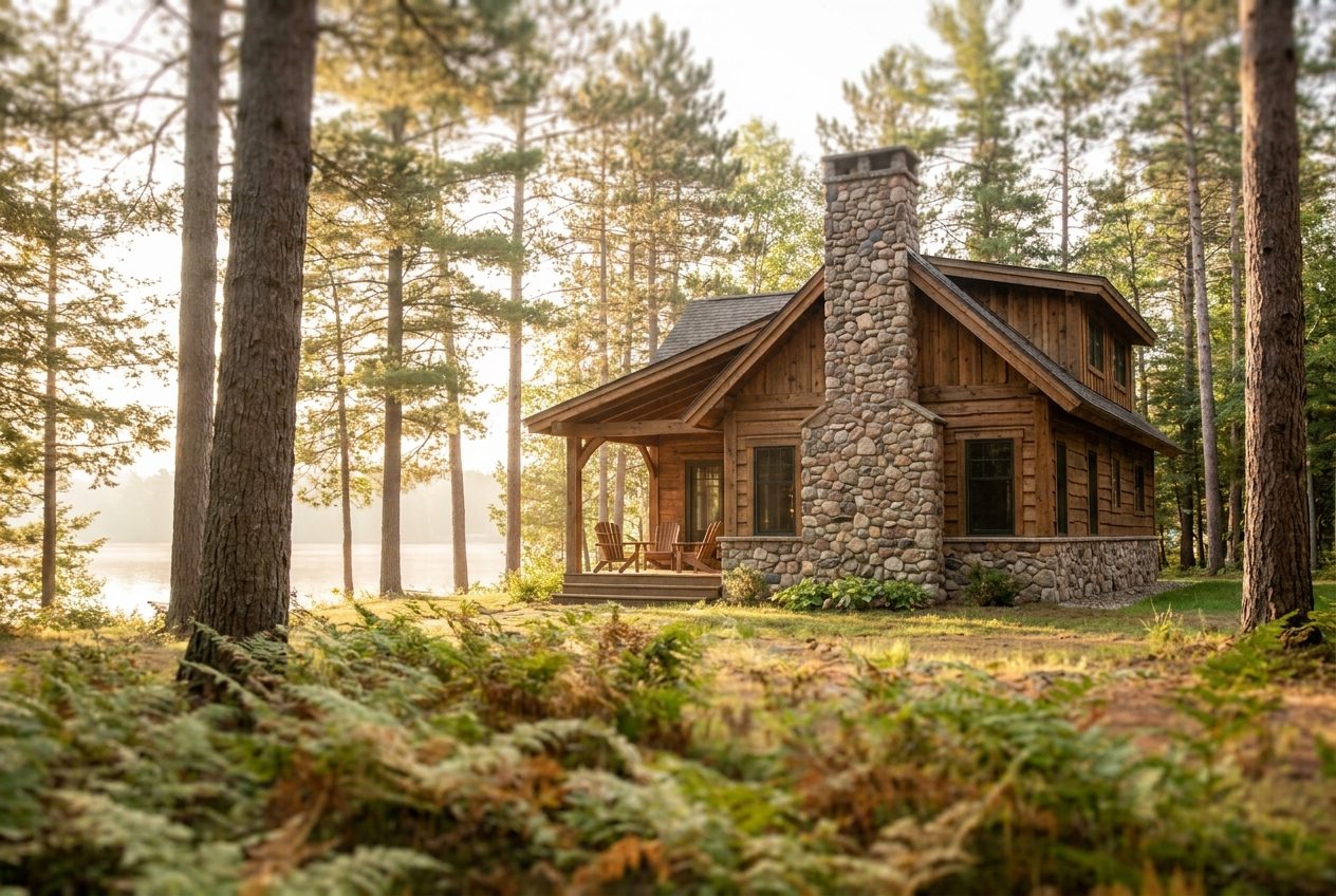 A craftsman-style lake cabin with a stone chimney surrounded by pine trees in warm morning light