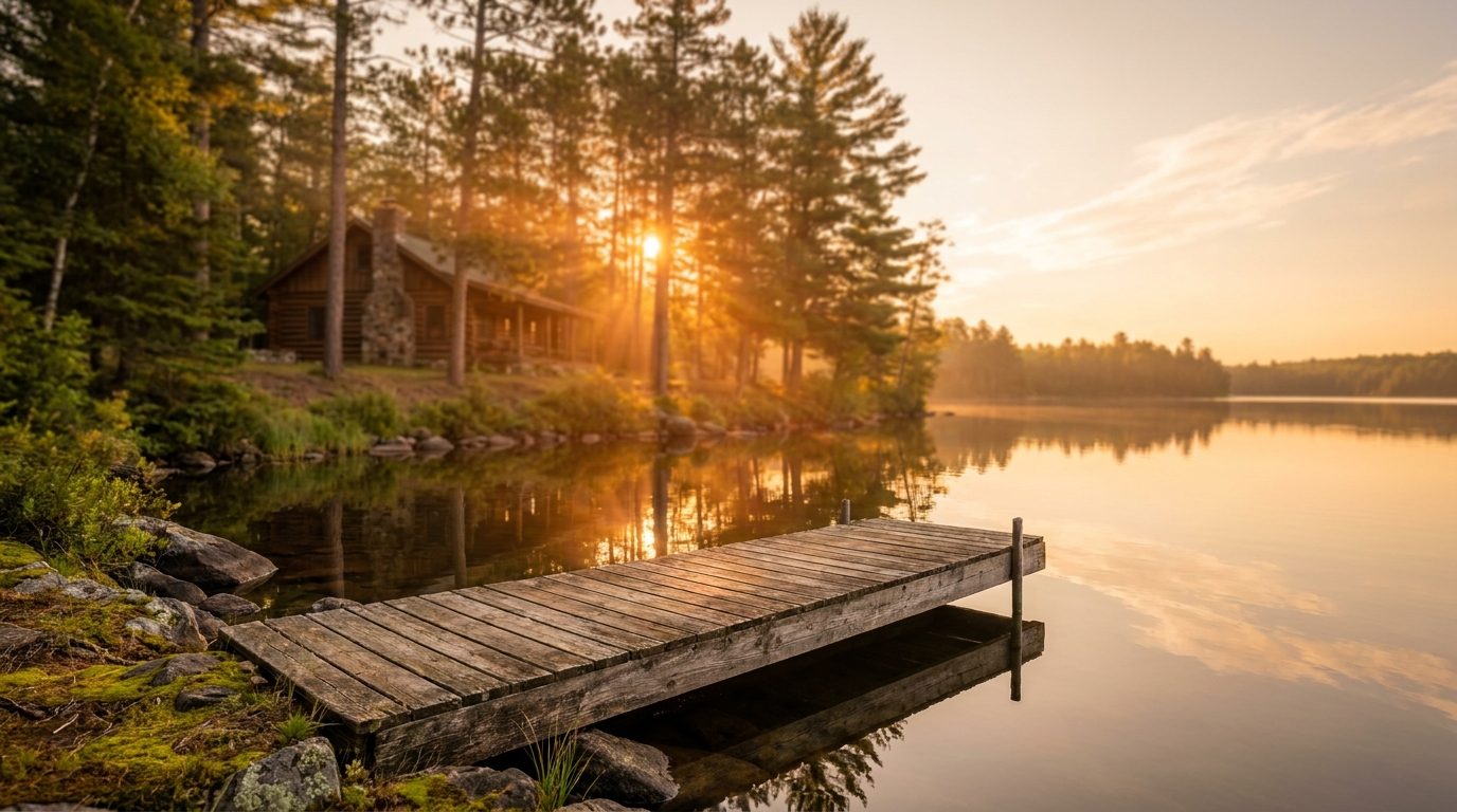 A wood dock extending into a calm Wisconsin lake at golden hour with pine trees along the shoreline