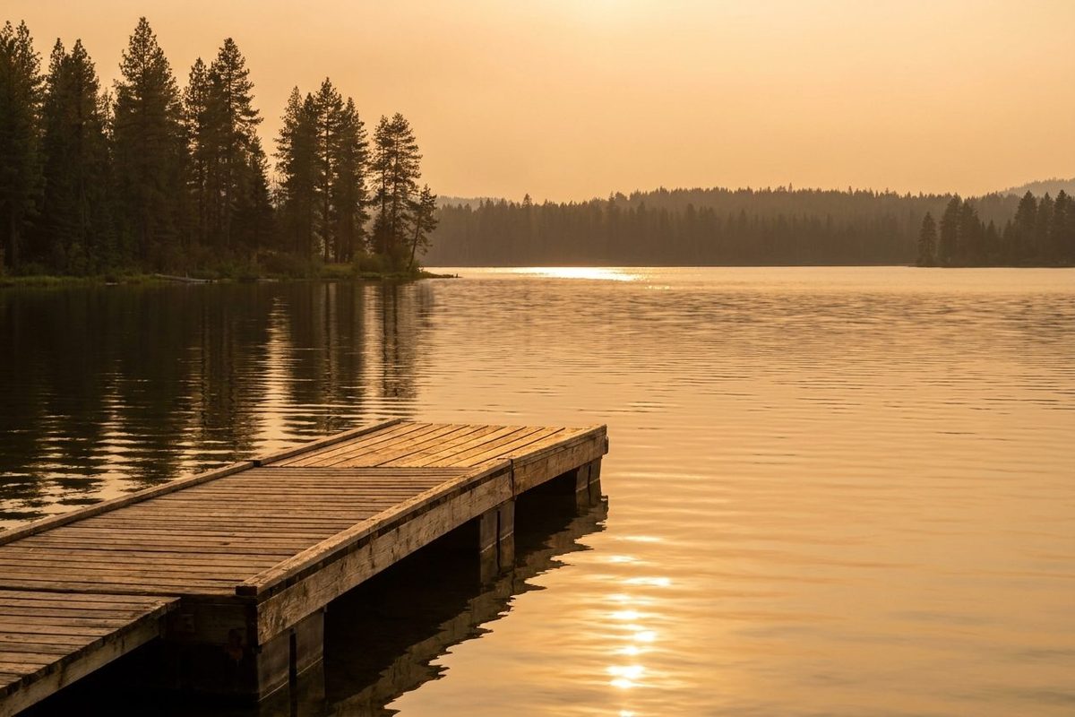 A wooden dock extending into a calm Minnesota lake at golden hour with pine trees along the shore