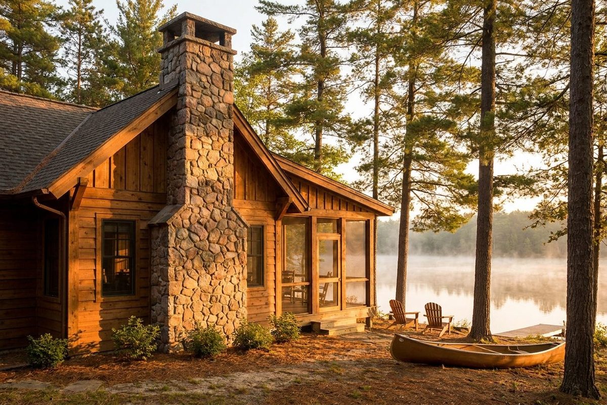A craftsman-style lake cabin with a screened porch surrounded by pine trees in warm morning light