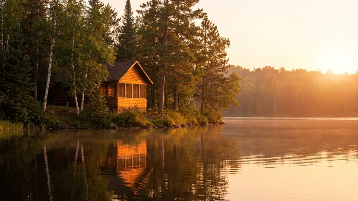 A classic Minnesota lake cabin with a screened porch reflected in calm water at golden hour