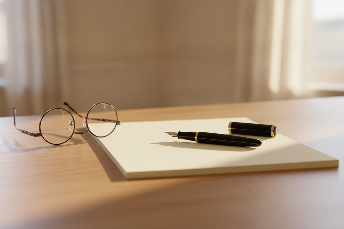 An oak writing desk with blank paper, a fountain pen, and reading glasses in warm afternoon light