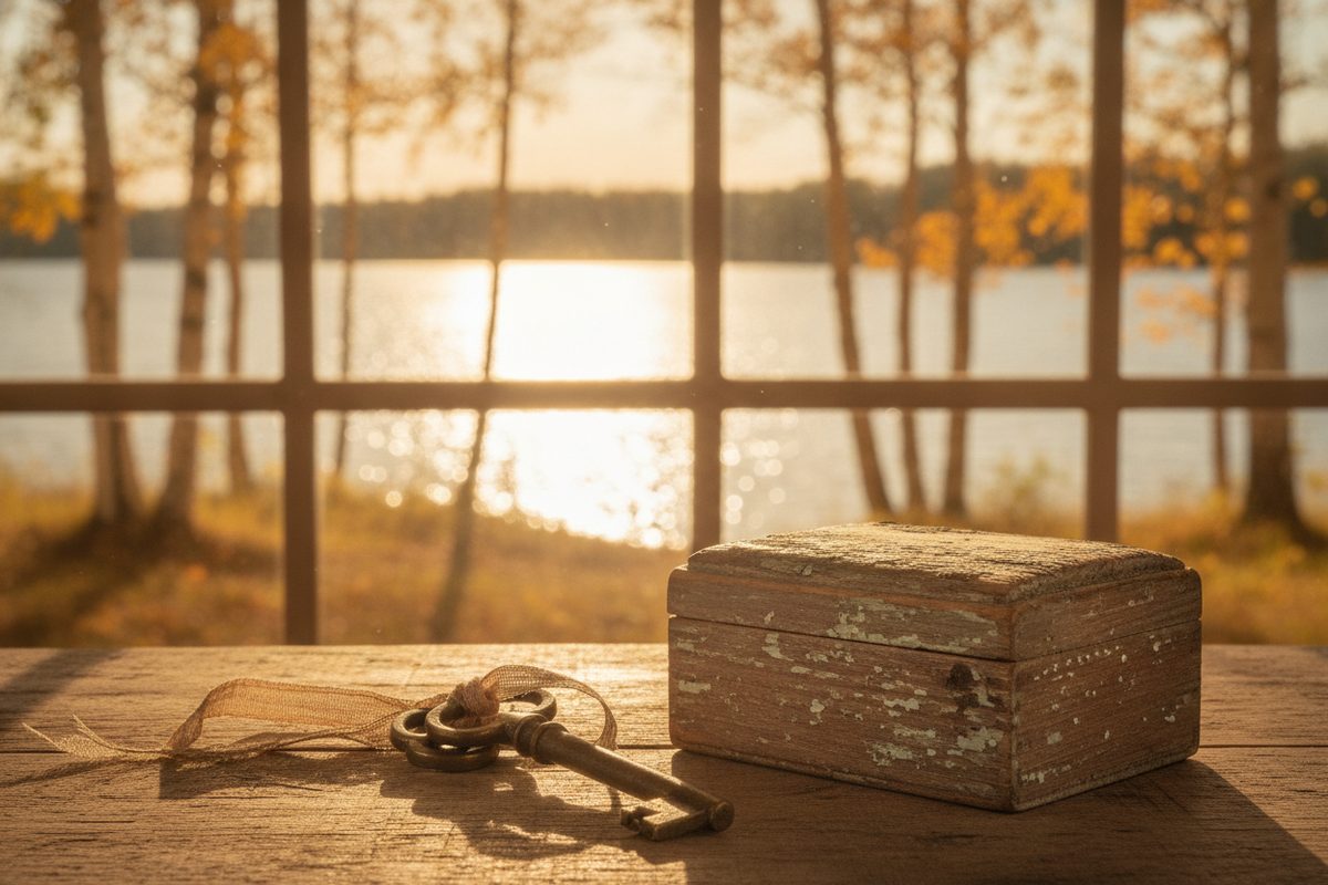 An old brass key and a weathered wooden box on a table beside a sunlit Minnesota lake shoreline