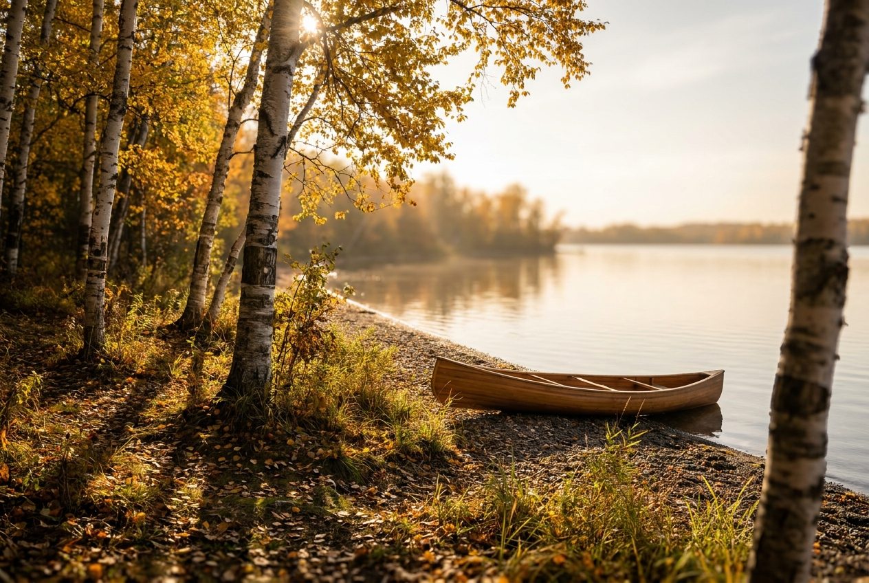 A birch grove and lake shoreline in warm Minnesota morning light