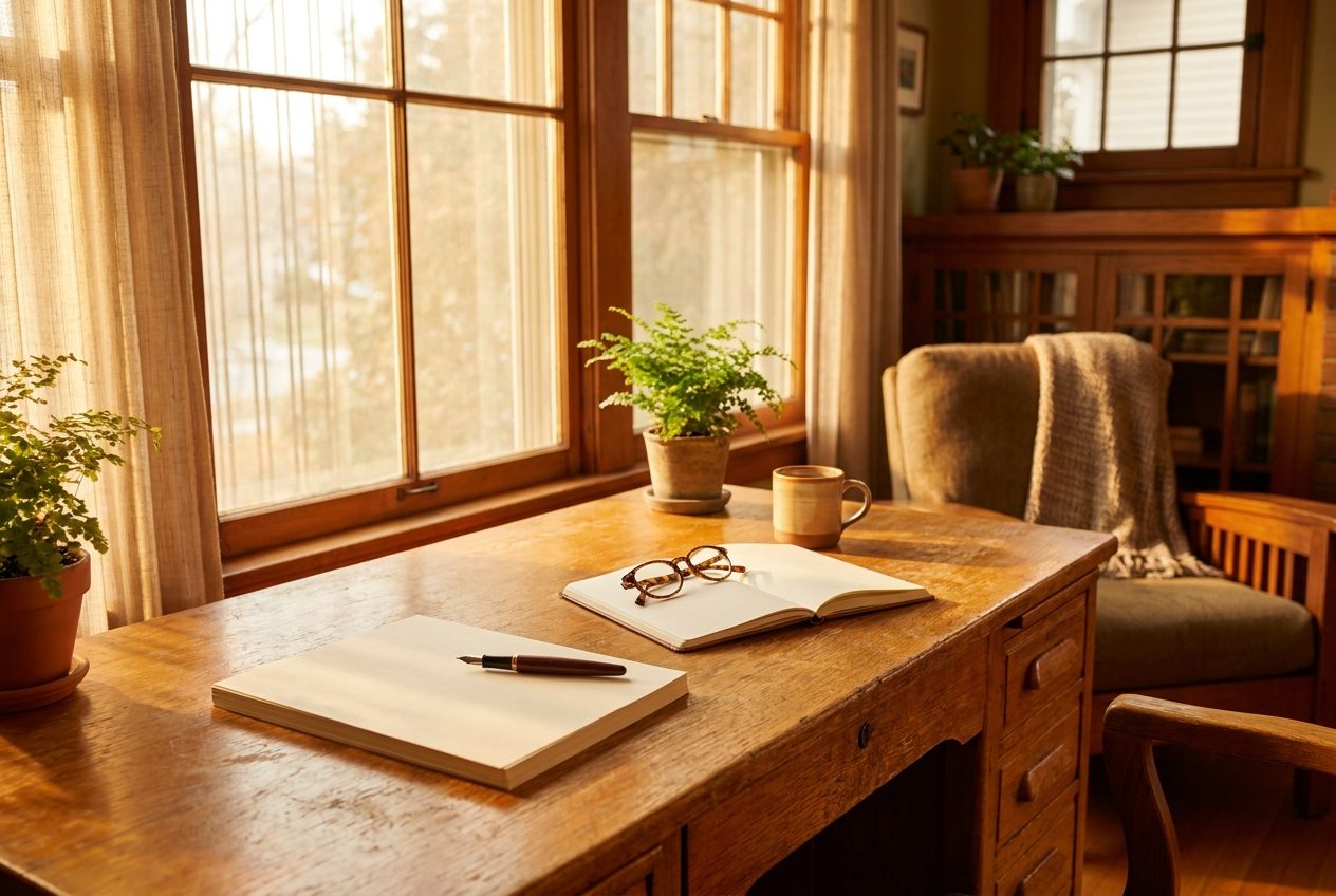 An oak writing desk with blank paper, a pen, and reading glasses in warm afternoon light