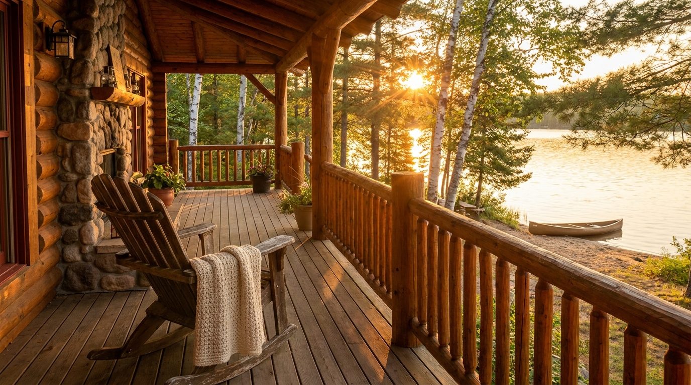 A Minnesota lake home porch at golden hour