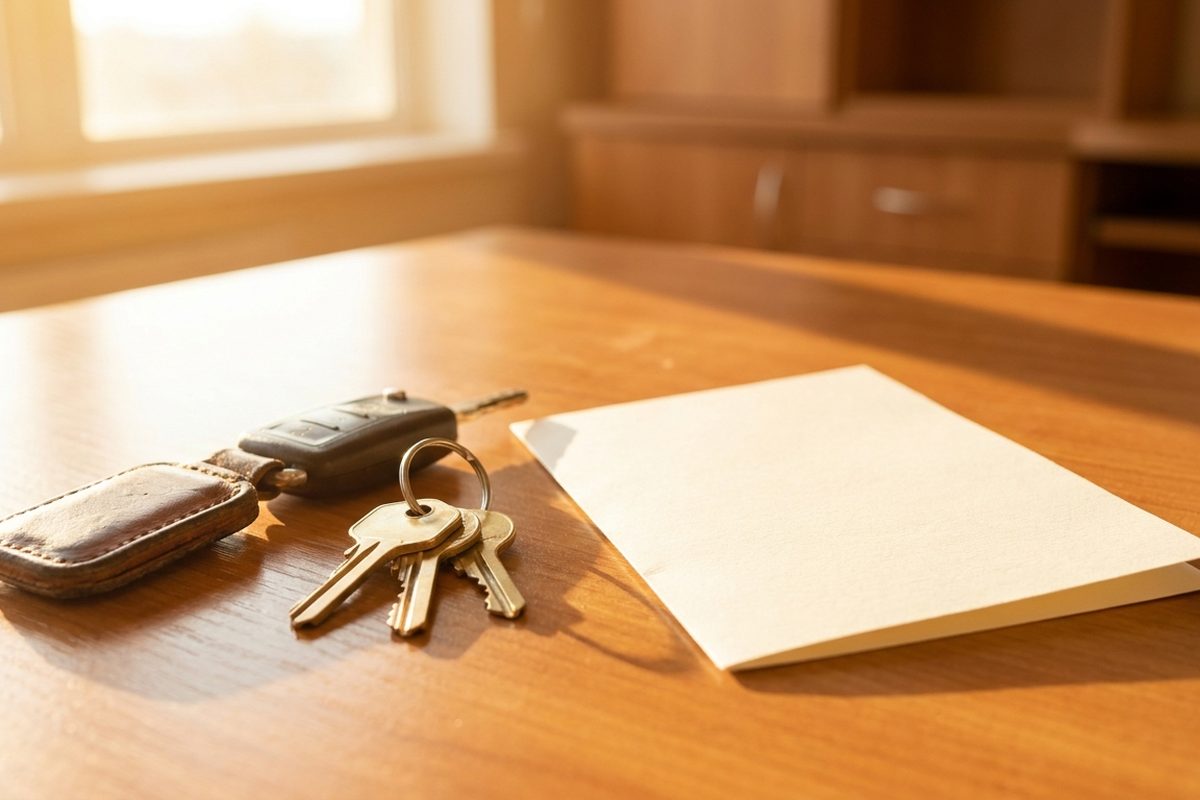 A set of house and car keys resting beside a blank folded document on a wooden desk in warm afternoon light