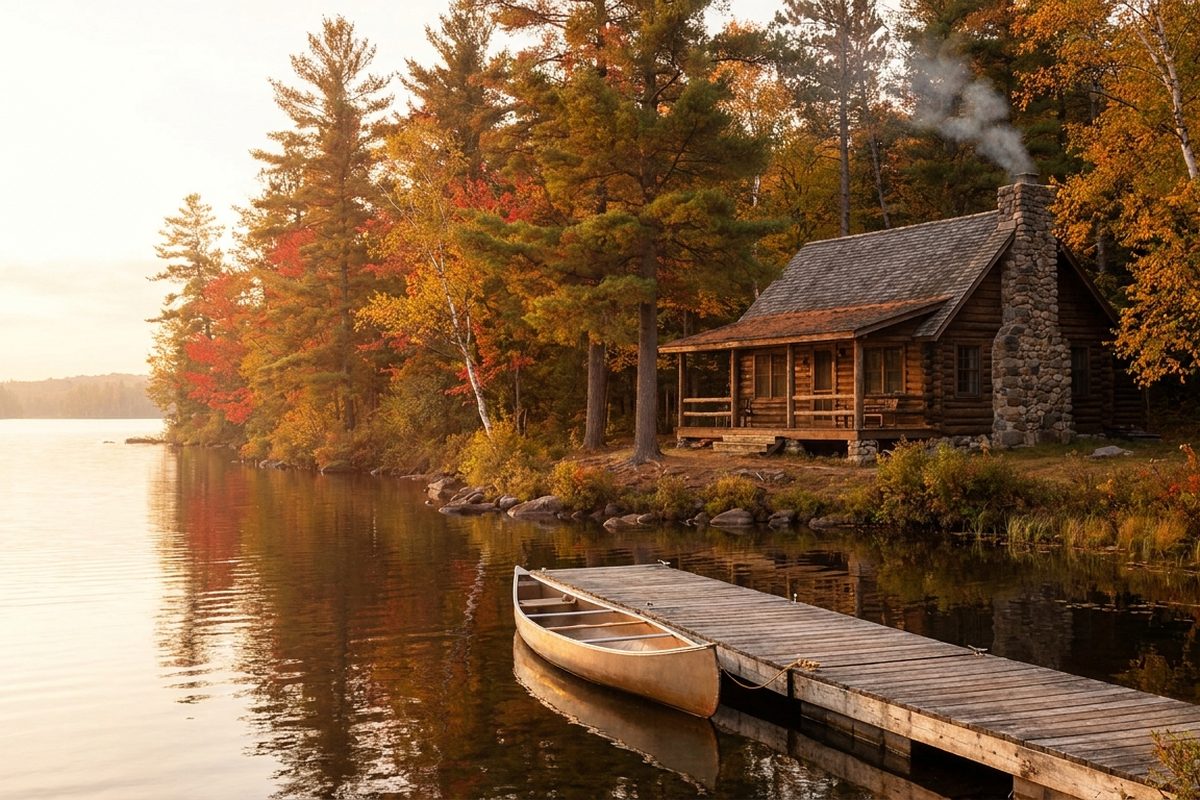 A cozy Minnesota lake cabin with a wooden dock and canoe at golden hour, surrounded by autumn trees