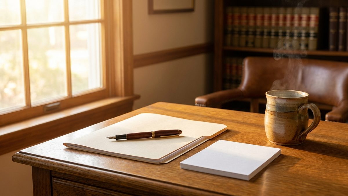 A tidy oak desk with a closed folder, fountain pen, and warm coffee cup in morning light in a law office