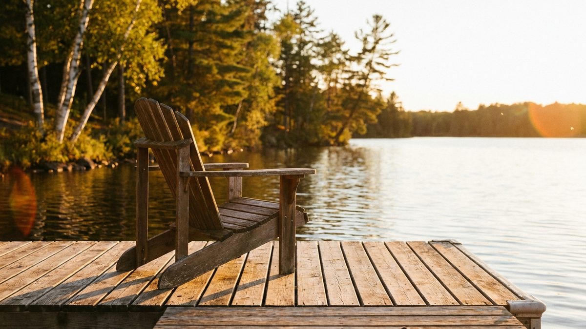 A Minnesota lake cabin dock at golden hour