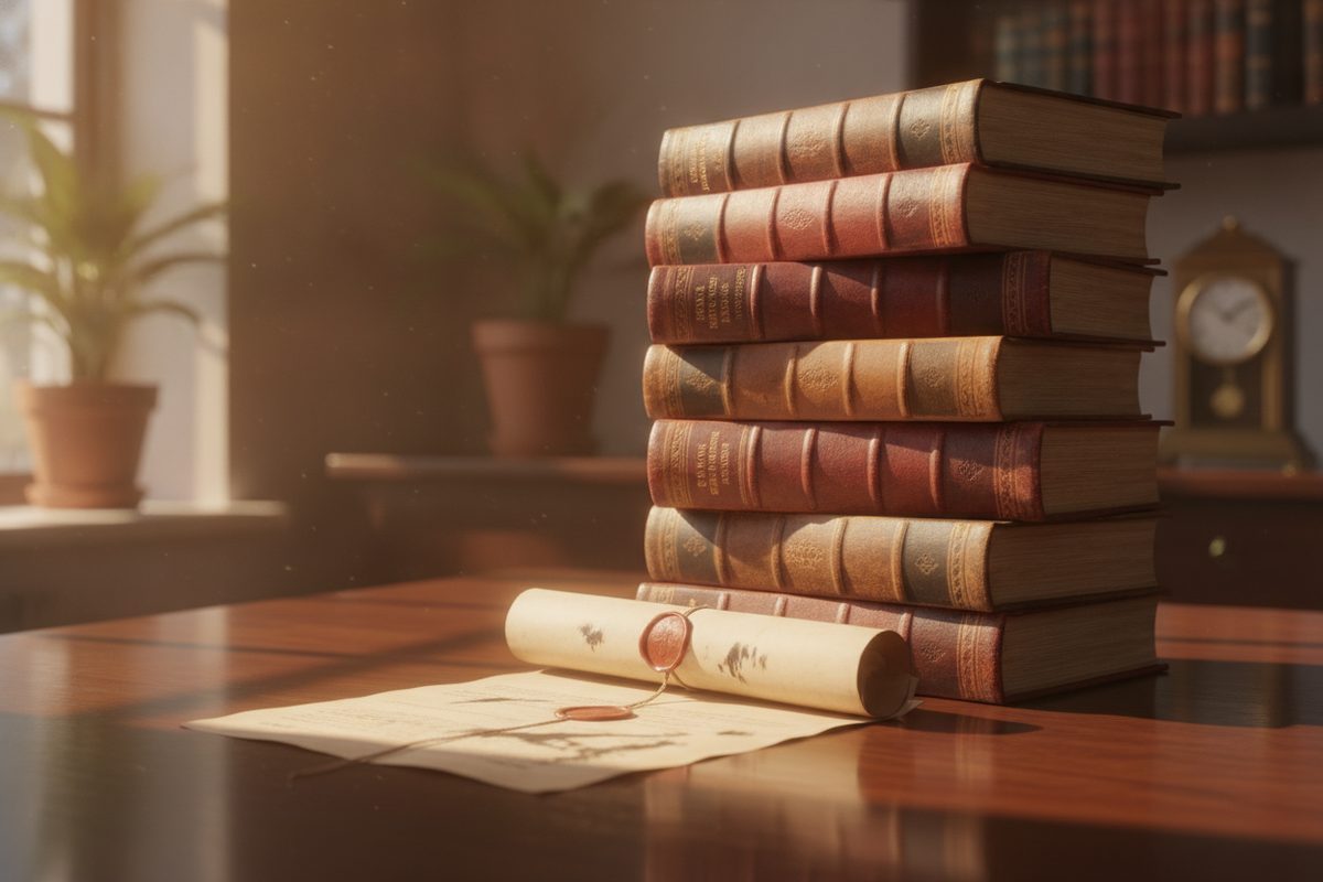Stacked law books and a document on a desk in warm light