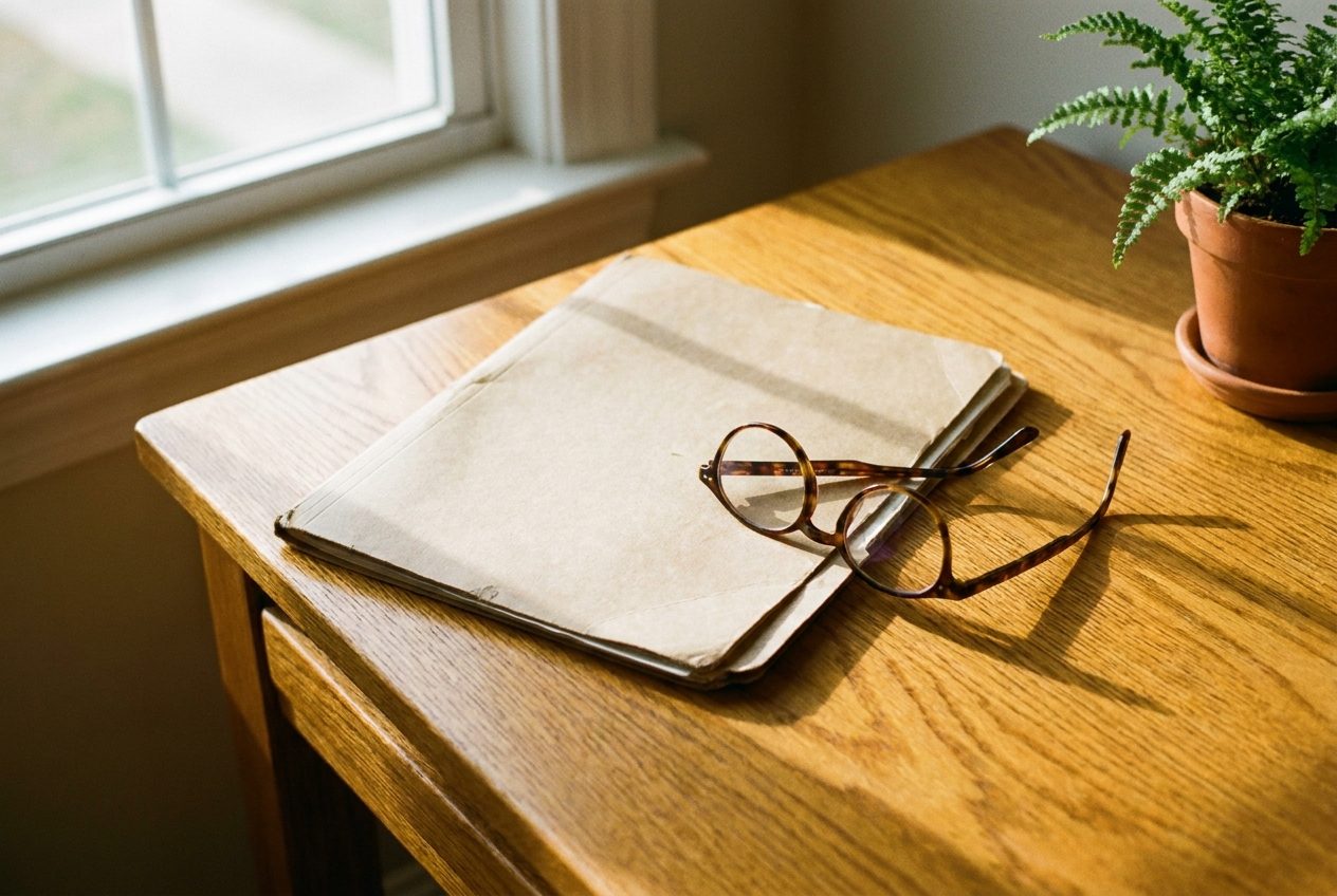 Reading glasses resting on a closed folder on an oak desk in warm window light