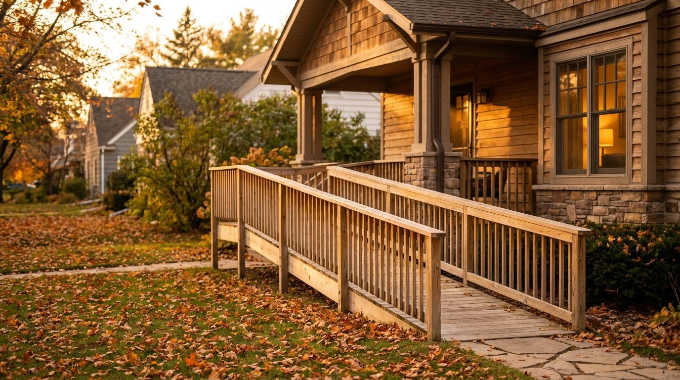 A wooden wheelchair accessibility ramp leading up to a craftsman home porch in warm evening light