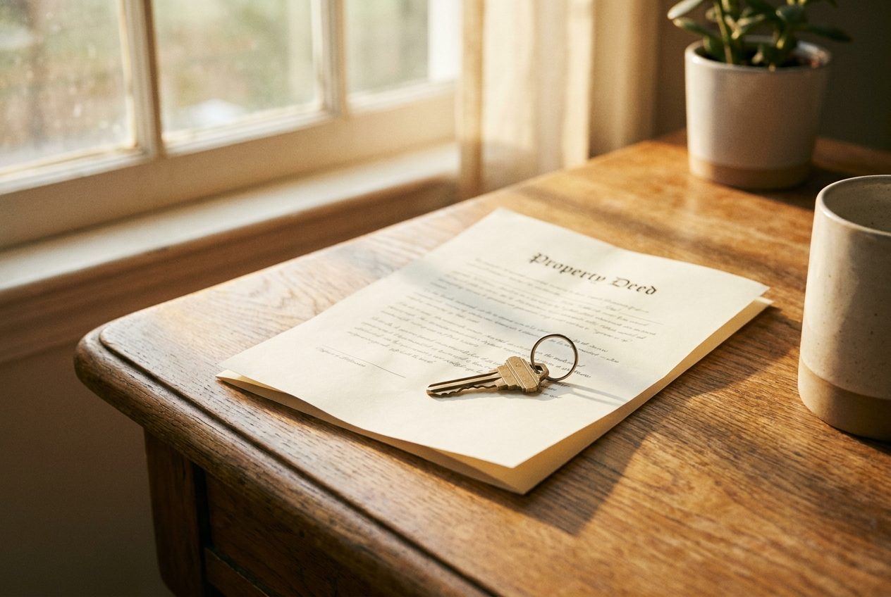 A brass house key resting on a folded property deed