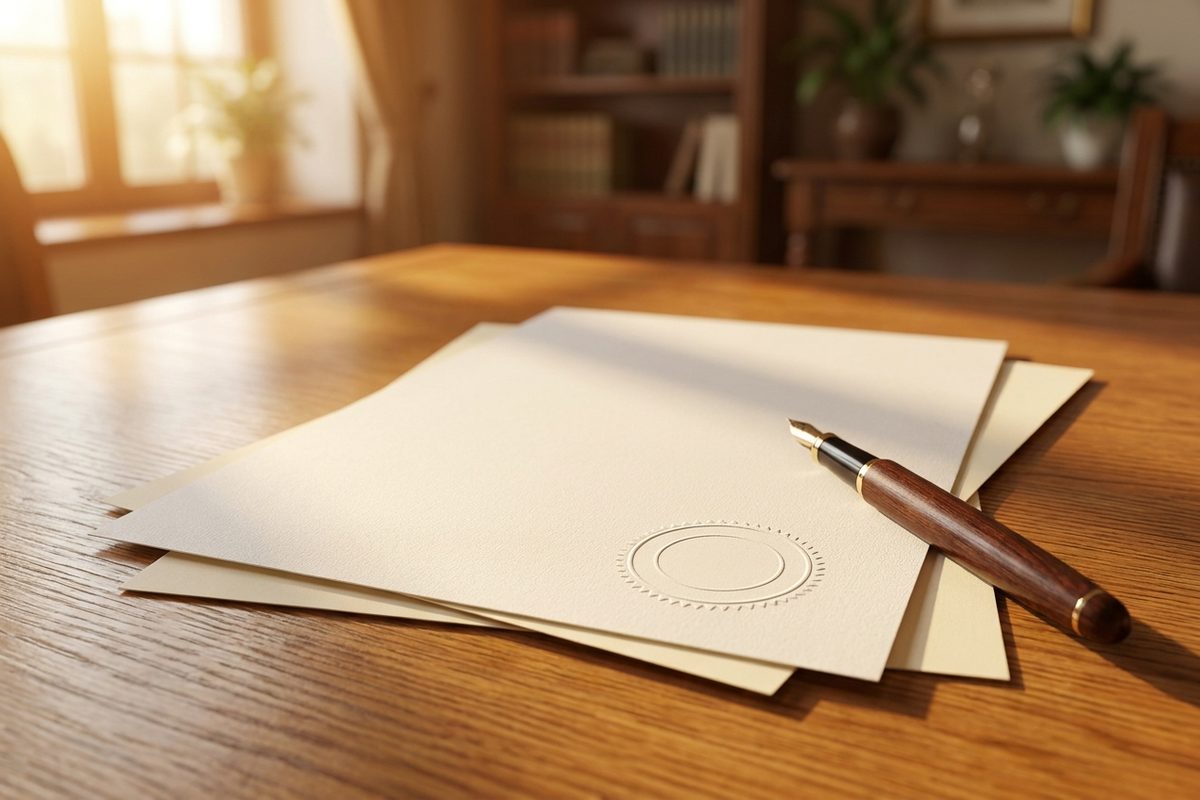 A notarized document and pen on a wooden desk in warm light