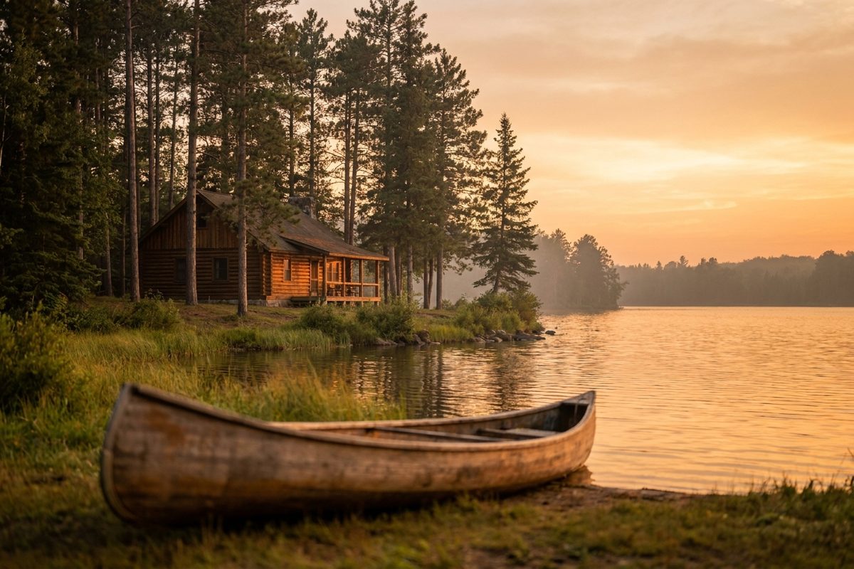 A quiet Minnesota lake cabin at sunset with warm light on the water